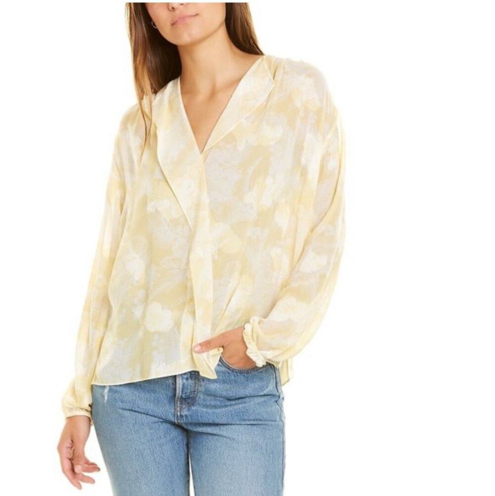 VINCE Wheat Shirred Popover Top Yellow Sheer Loose Fit Flowy V-Neck Size Large
